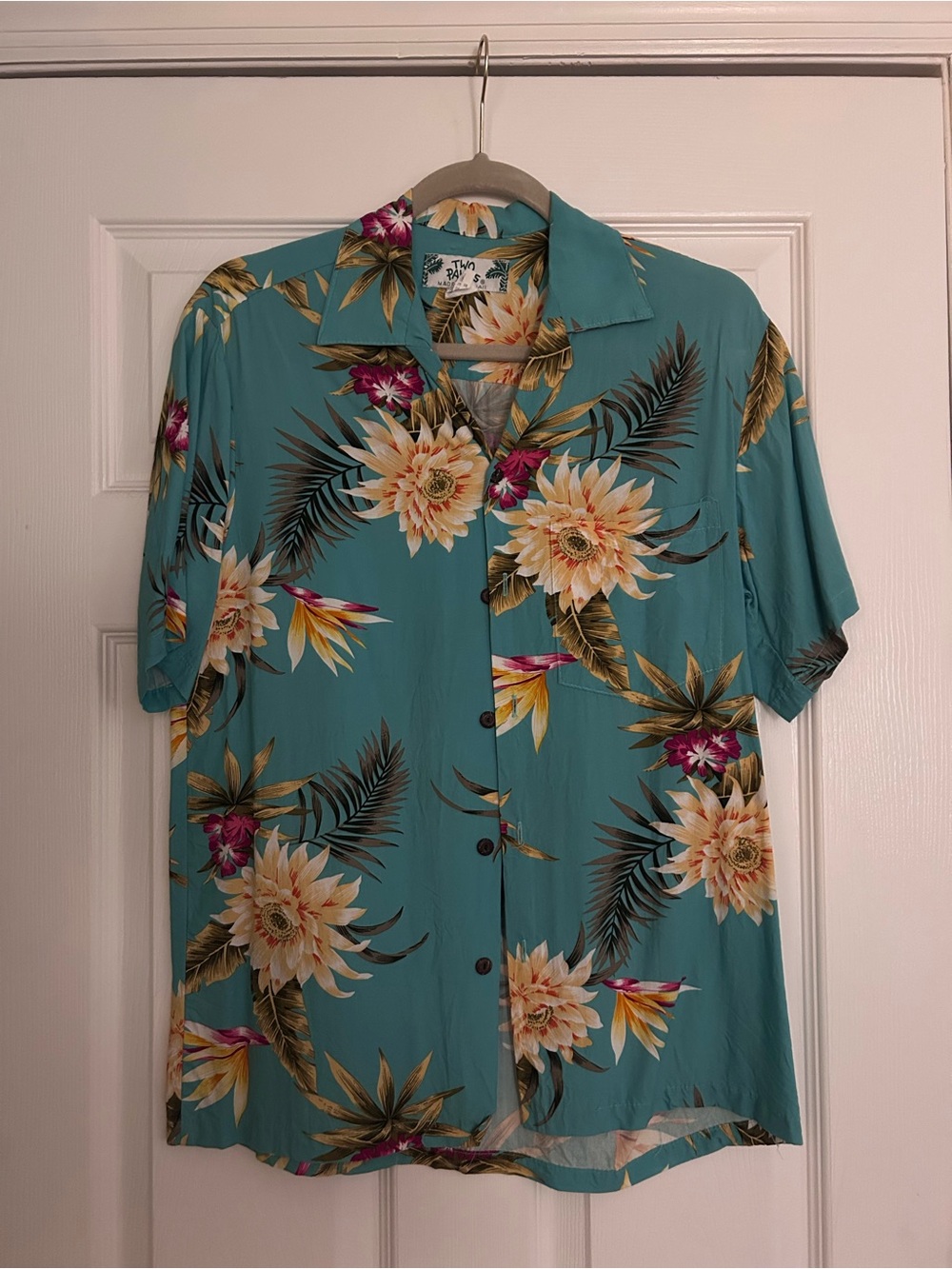 Two Palms Turquoise Floral Hawaiian Button-Up Shirt